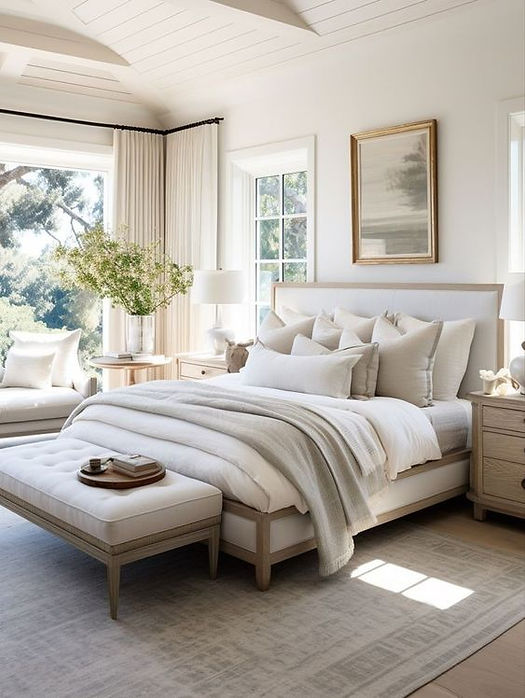 A bedroom with layer soft textiles