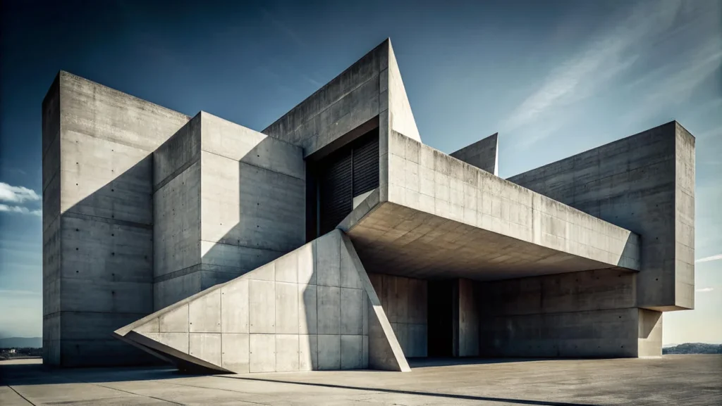 Modern concrete architecture with angular shapes under a clear blue sky. The large, geometric structure creates a bold, minimalist mood.