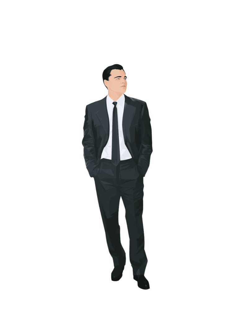 Leonardo DiCaprio as Jordan Belfort figure cutout in transparent PNG format for architectural presentations, urban scenes and conceptual renderings.