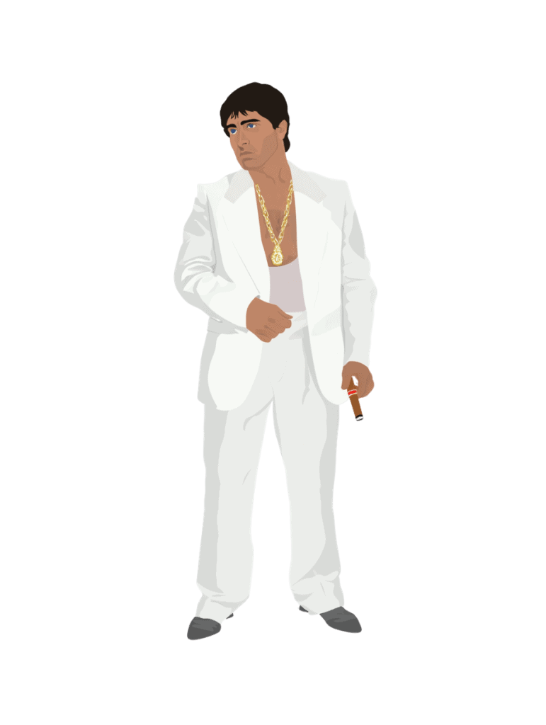 Tony Montana/Scarface figure cutout in transparent PNG format for architectural presentations, urban scenes and conceptual renderings.