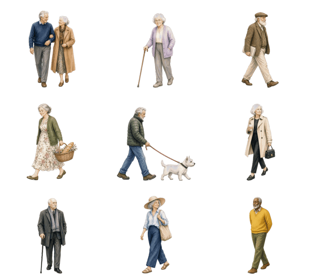 Elderly people cutouts, illustrated elevation figures with transparent background