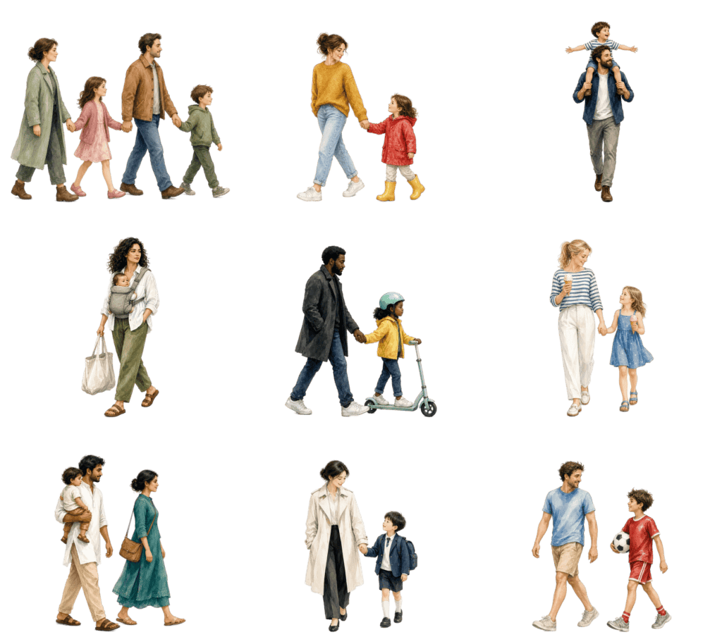 Download free architectural cutout: Families with Children Families with Children cutout pack - watercolour illustrated parents and children, transparent PNG