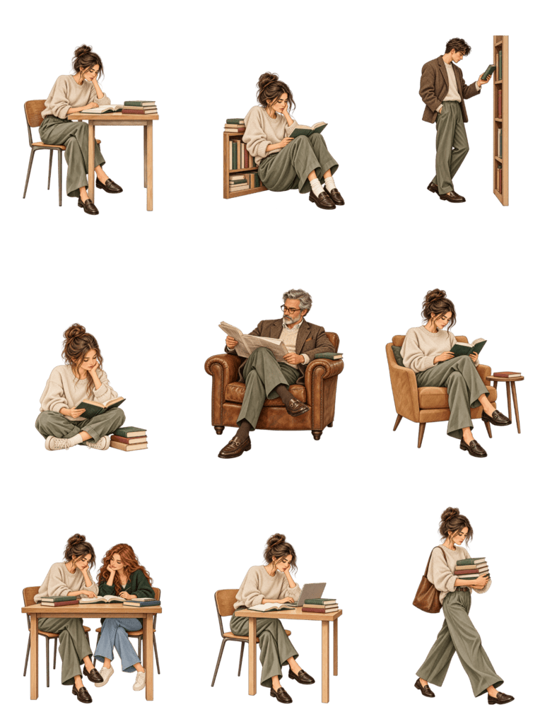 Free architectural cutout of Library and Reading People