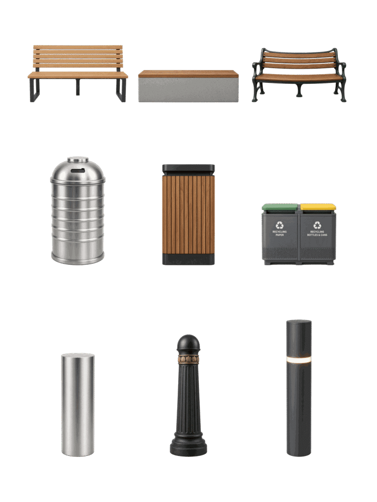 Street furniture cutouts - benches, bins and bollards, front elevation, transparent PNG