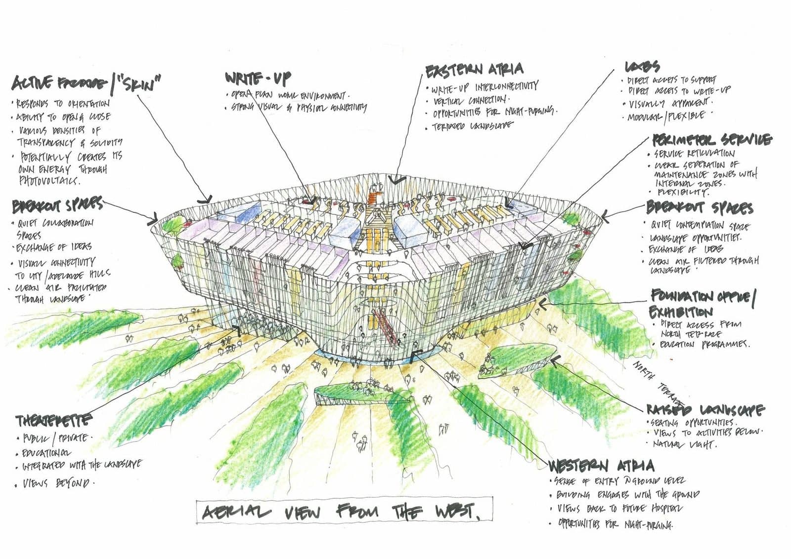 Hand-drawn concept sketch of SAHMRI in Adelaide by Woods Bagot, an aerial view of the faceted building with green landscape fingers and handwritten notes on the skin, atria and labs