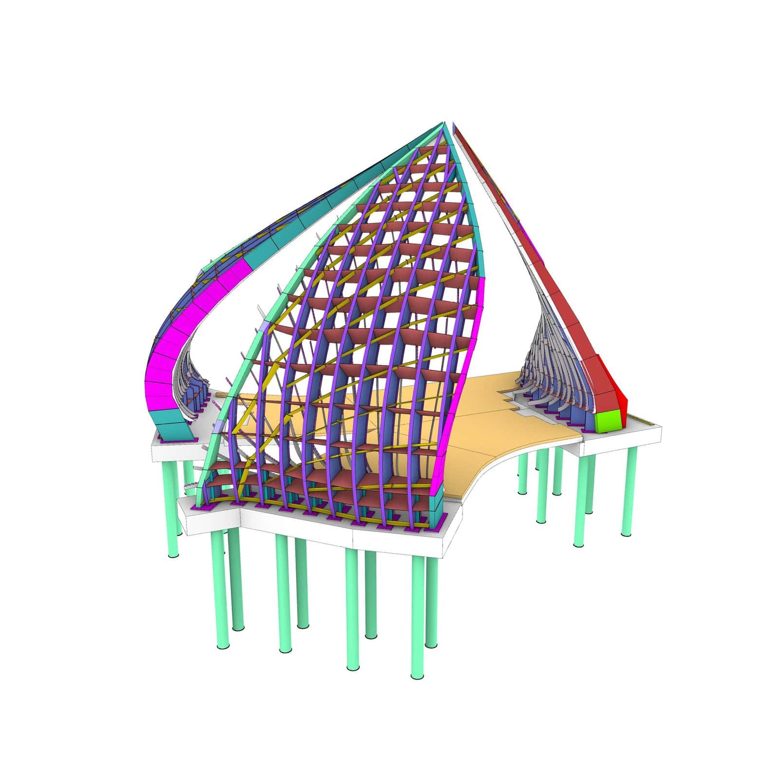 Colour-coded structural diagram of the Interchange Pavilion at South Eveleigh in Sydney by Studio Chris Fox, with curved purple ribs, yellow bracing, magenta and teal edge beams and mint green piles