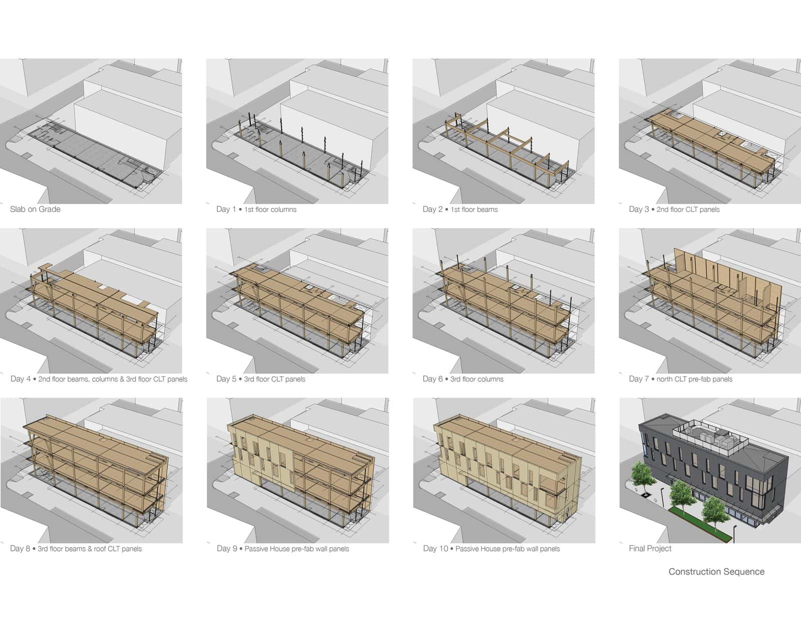 Construction sequence diagram of the Lonsdale Avenue Commercial Building in North Vancouver by Hemsworth Architecture, twelve frames showing a mass timber frame rising day by day to the finished dark building