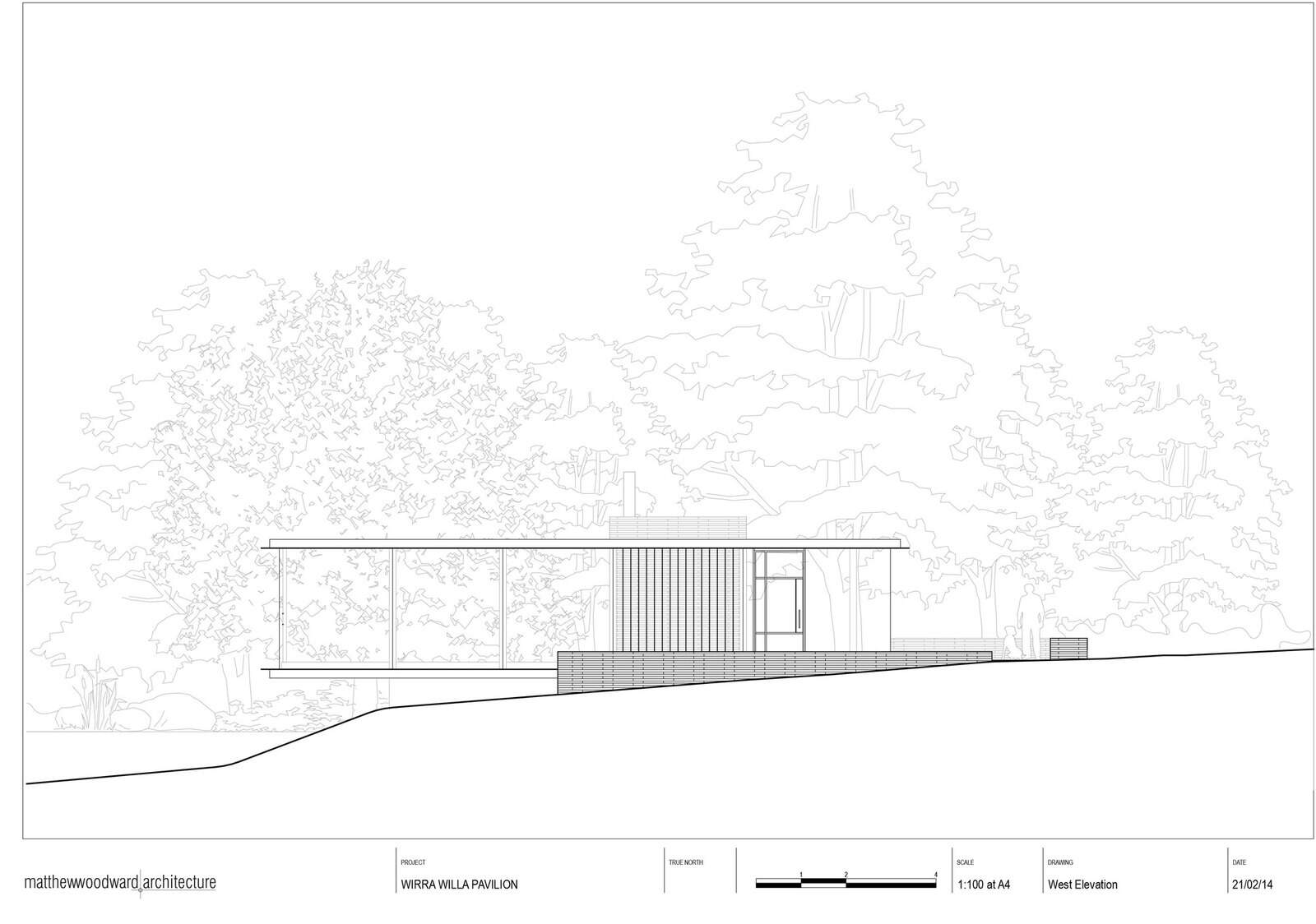 Line-weight-only west elevation of Wirra Willa Pavilion by Matthew Woodward Architecture, a glass pavilion drawn at 1:100 in front of finely outlined trees