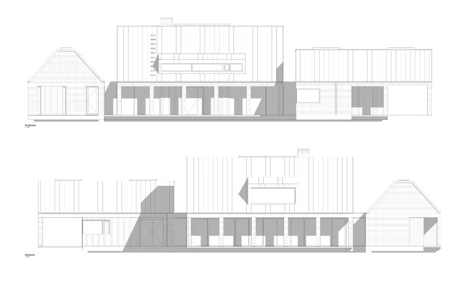 Shadow-cast north and south elevations of Villa in Zealand by C.F. Møller Architects, with flat grey shadows under the eaves and colonnade