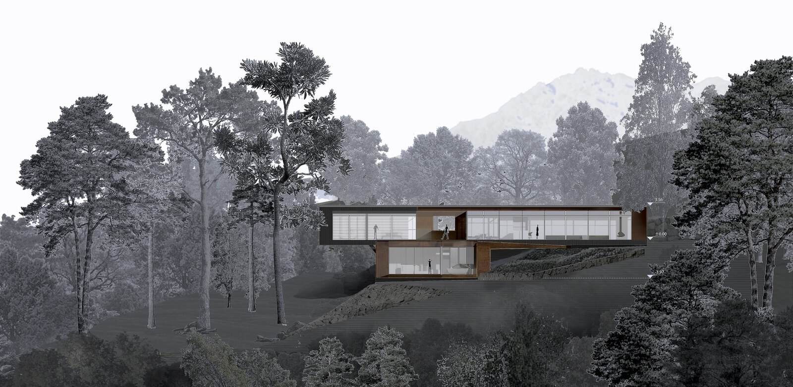 Rendered photoreal architectural elevation drawing of MountainTop Snug Resort by IAPA design, a Corten and glass house in a monochrome Tasmanian forest