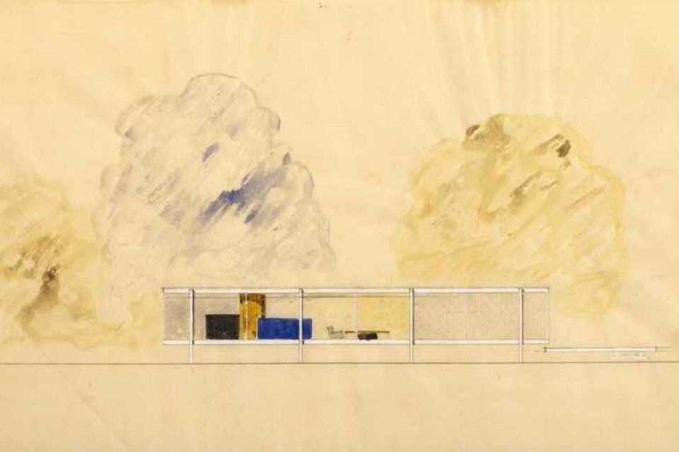 Watercolour and graphite elevation of the Farnsworth House by Ludwig Mies van der Rohe, a thin white pavilion beneath loose blue and ochre trees