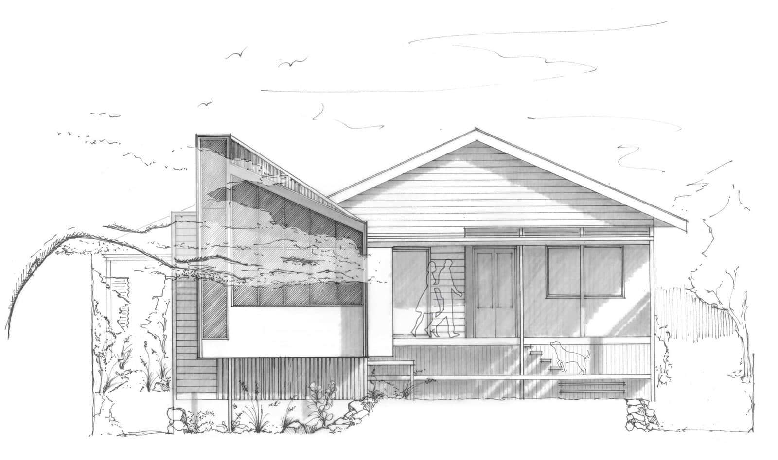 Hand-sketched pencil elevation of Yeronga House by Tim Bennetton Architects, a Queenslander with a new skillion addition, people on the verandah and a dog on the steps