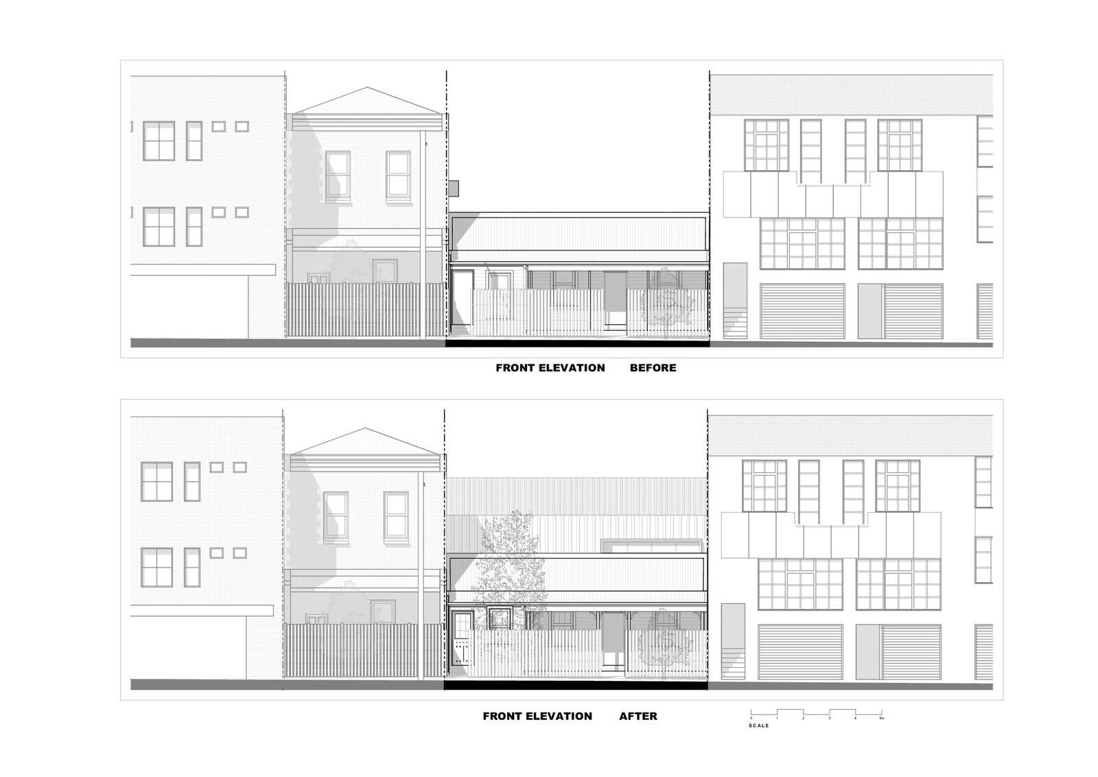 Before and after streetscape front elevations of Crisp House by Robert Nichol & Sons, a Collingwood cottage drawn between its neighbours