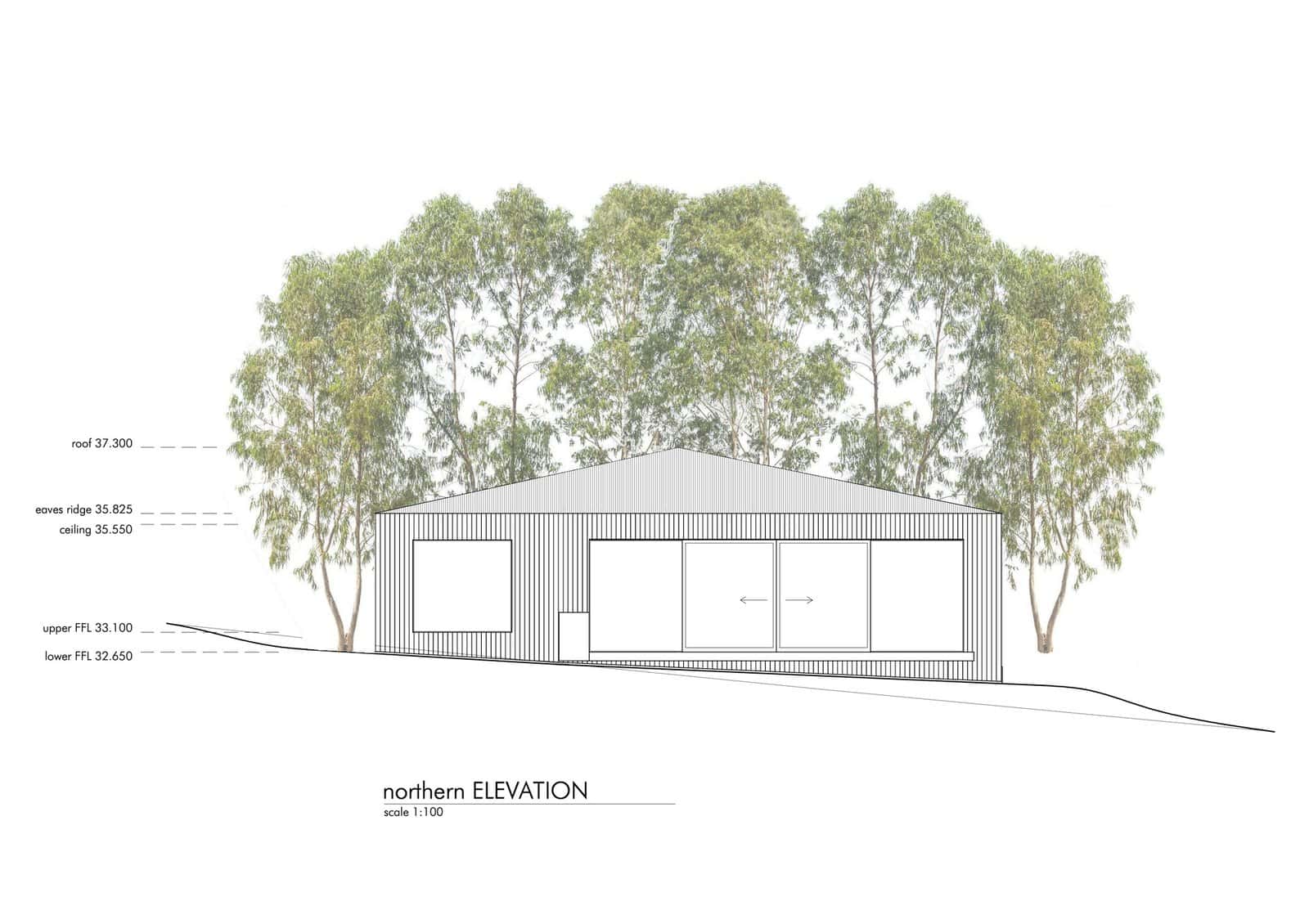 Northern elevation of Killora Bay House by Lara Maeseele and Tanner Architects, a clad hip-roofed house framed by tall Tasmanian white gums, with level datums