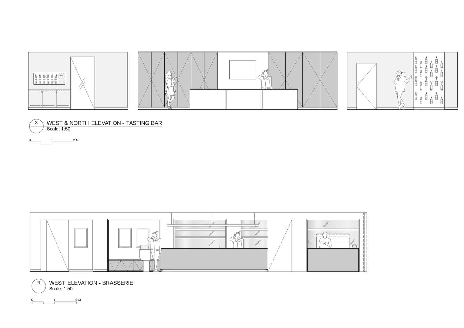 1:50 interior elevations of the tasting bar and brasserie at Chandon Australia by Foolscap Studio, with joinery, bottle displays and outline figures