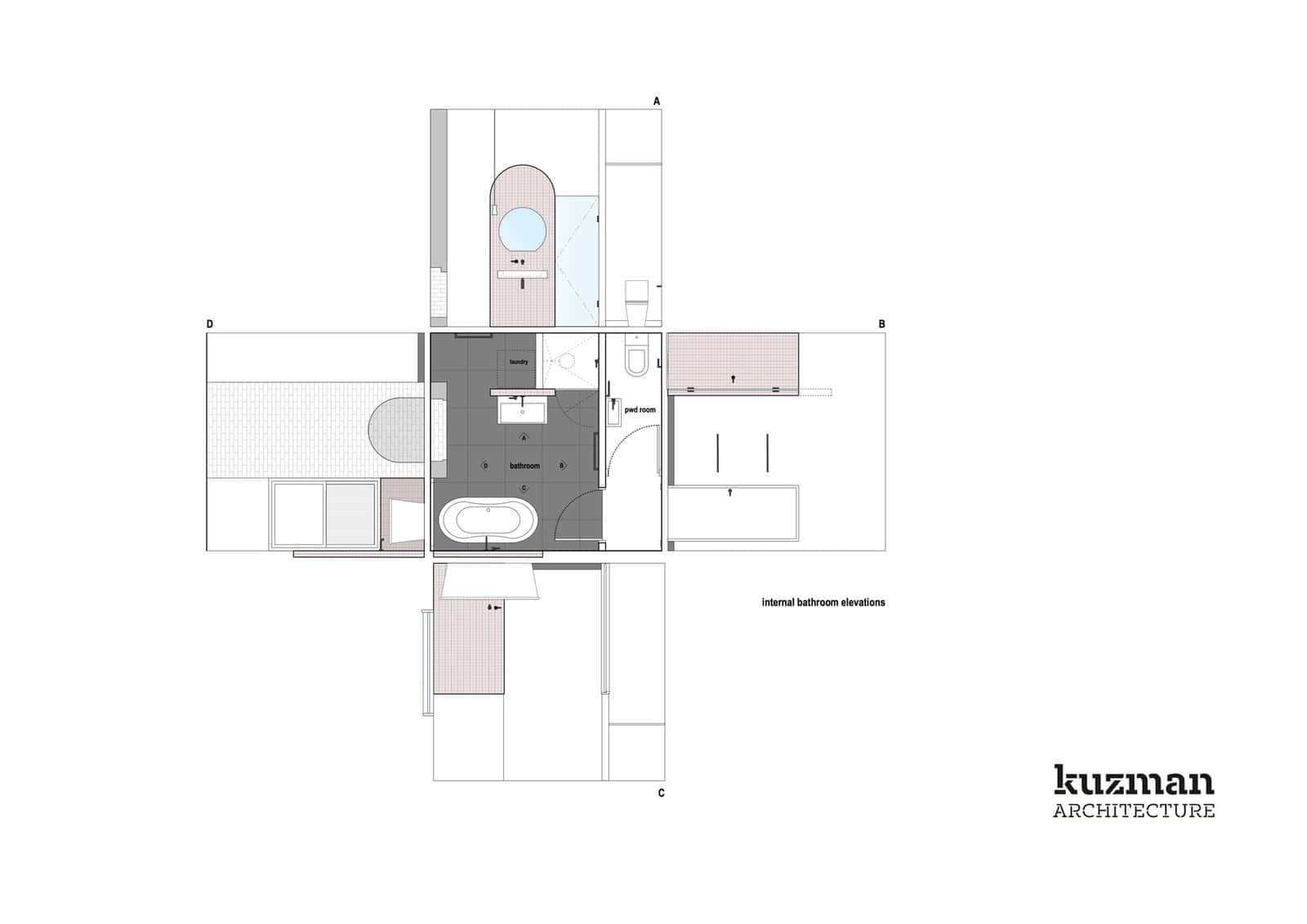 Unfolded interior bathroom elevations of Peek House by Kuzman Architecture, with four walls labelled A to D folded out around the bathroom plan