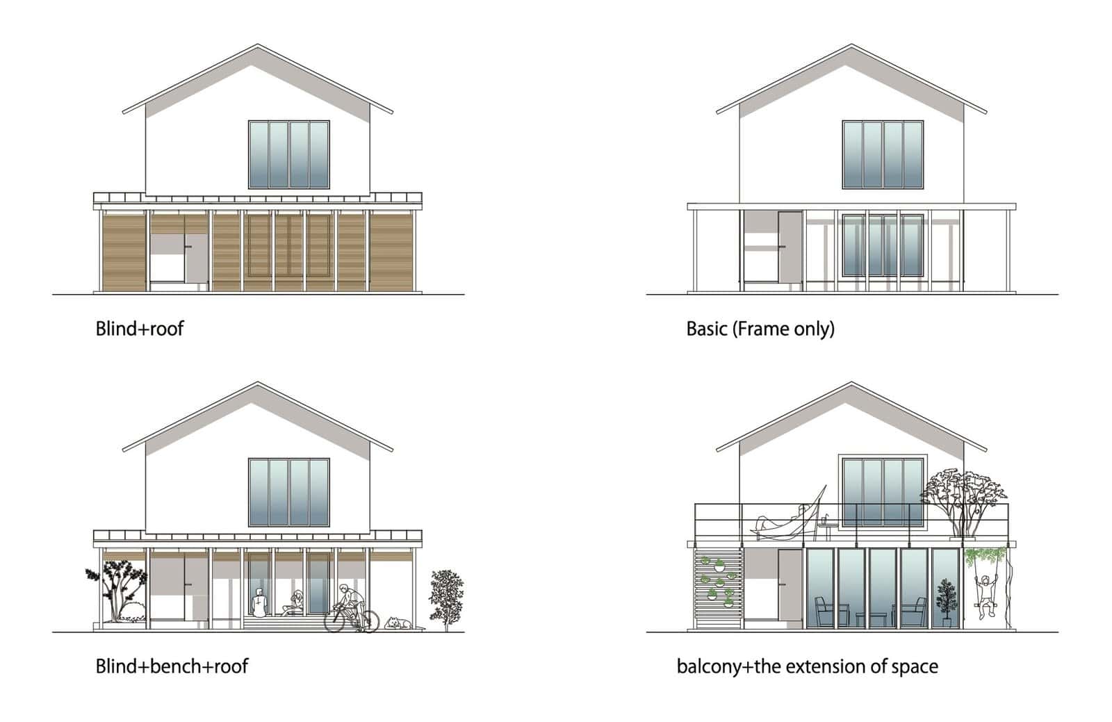 Layered facade sequence of Frame House by Royal House Co., showing the same front elevation as a bare frame and with blinds, bench, balcony and planting added