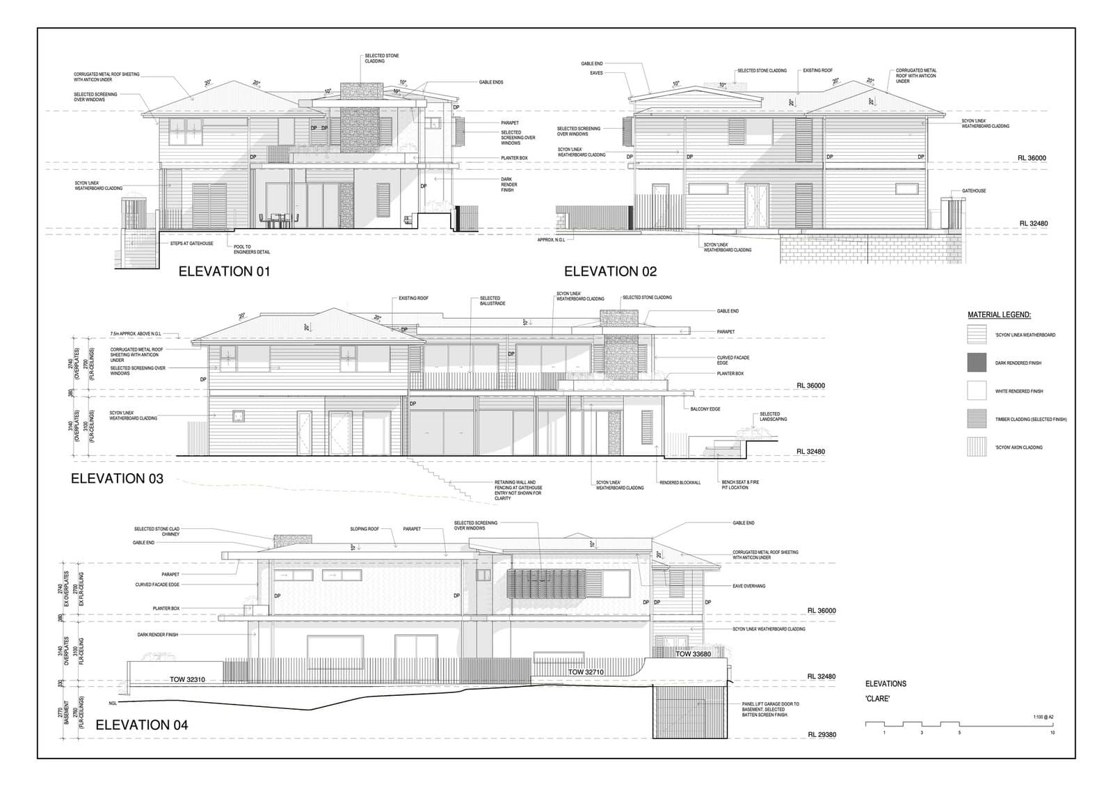 Annotated construction elevations of Clare House by Invilla Architecture, with material notes, RL levels and a material legend