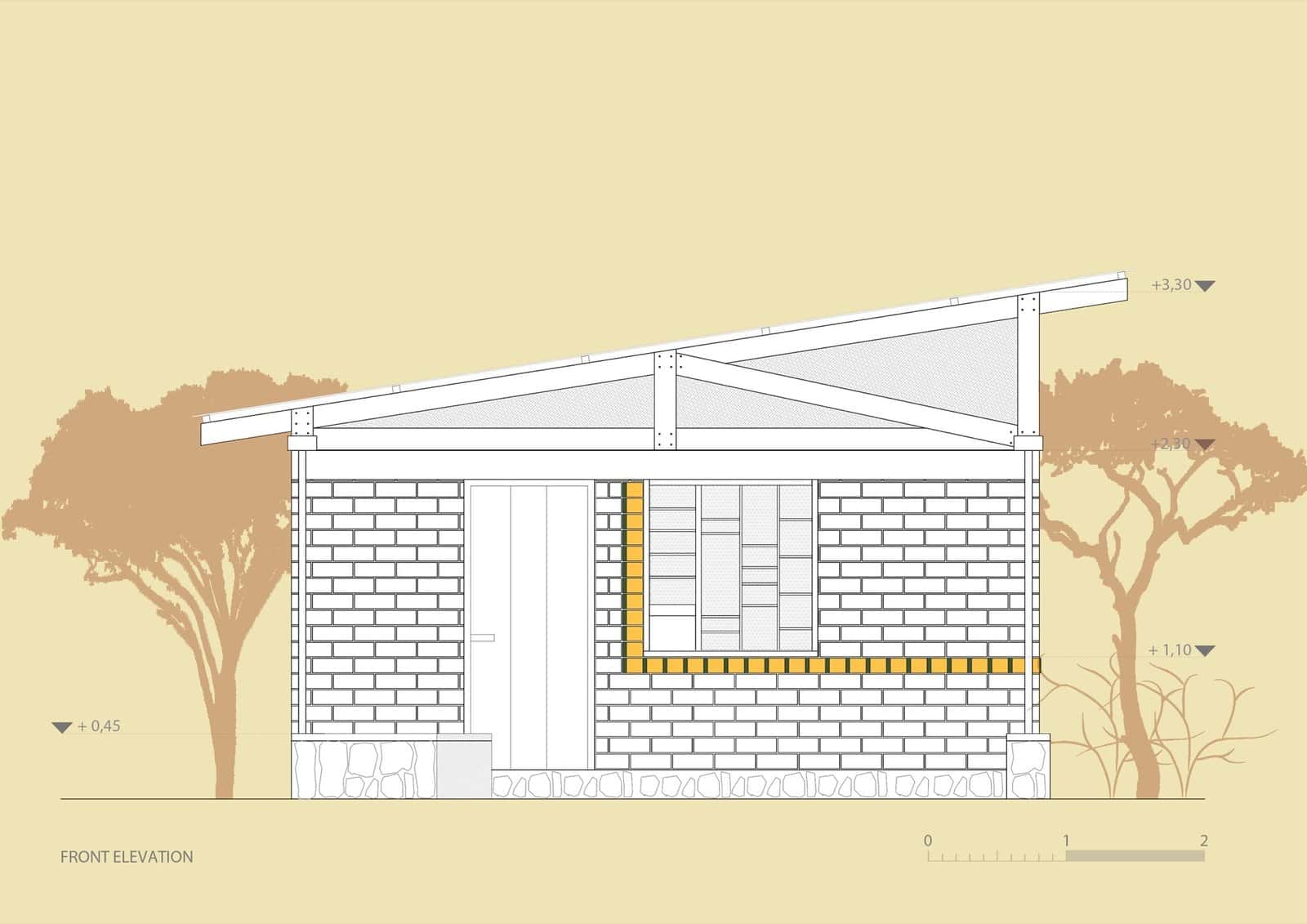 Colour-blocked front elevation of the Center for Women in Masai Village by C-re-aid, white line blockwork on a sand background with tan acacia silhouettes