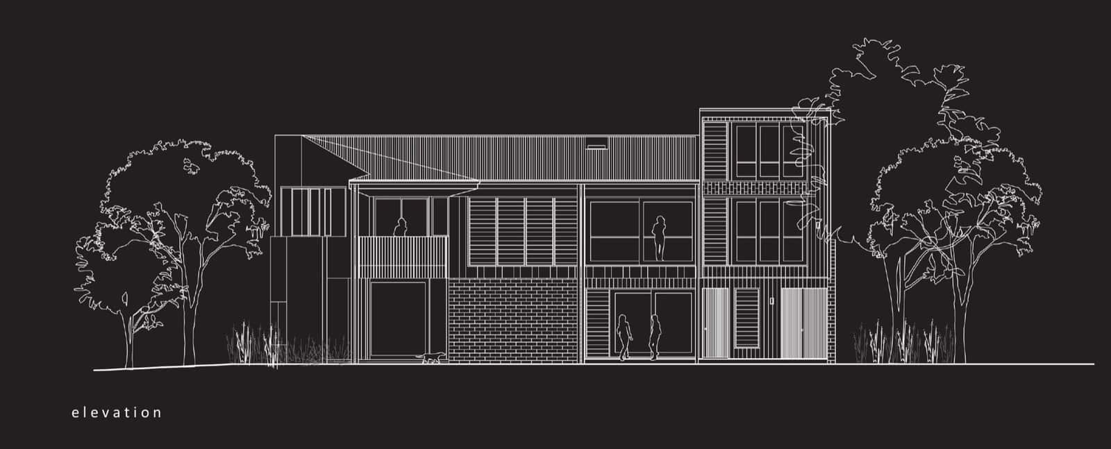 Inverted night elevation of Buena Vista by Shaun Lockyer Architects, white linework of a Brisbane house and gum trees on a black background