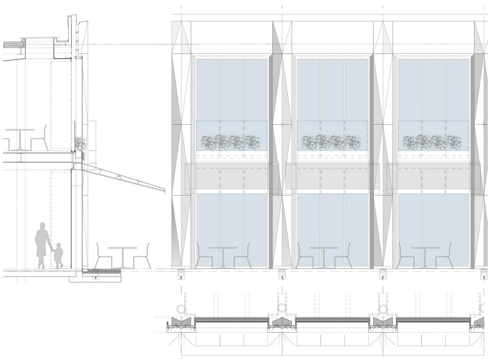 Facade detail elevation of the Eastland Town Centre shop front by ACME, with faceted fins and glazing beside a wall section and plan strip