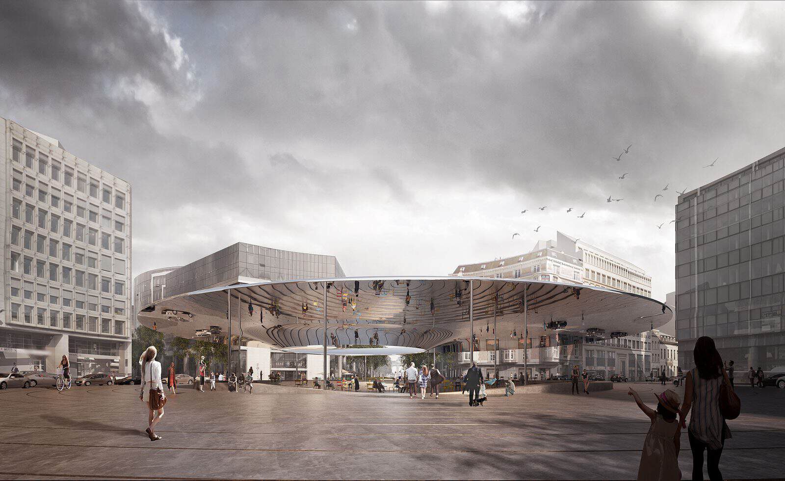 Photoreal daylight render of the Place Schuman competition design in Brussels by COBE and BRUT, a wide paved square with a thin canopy, office buildings, a cloudy sky and people walking