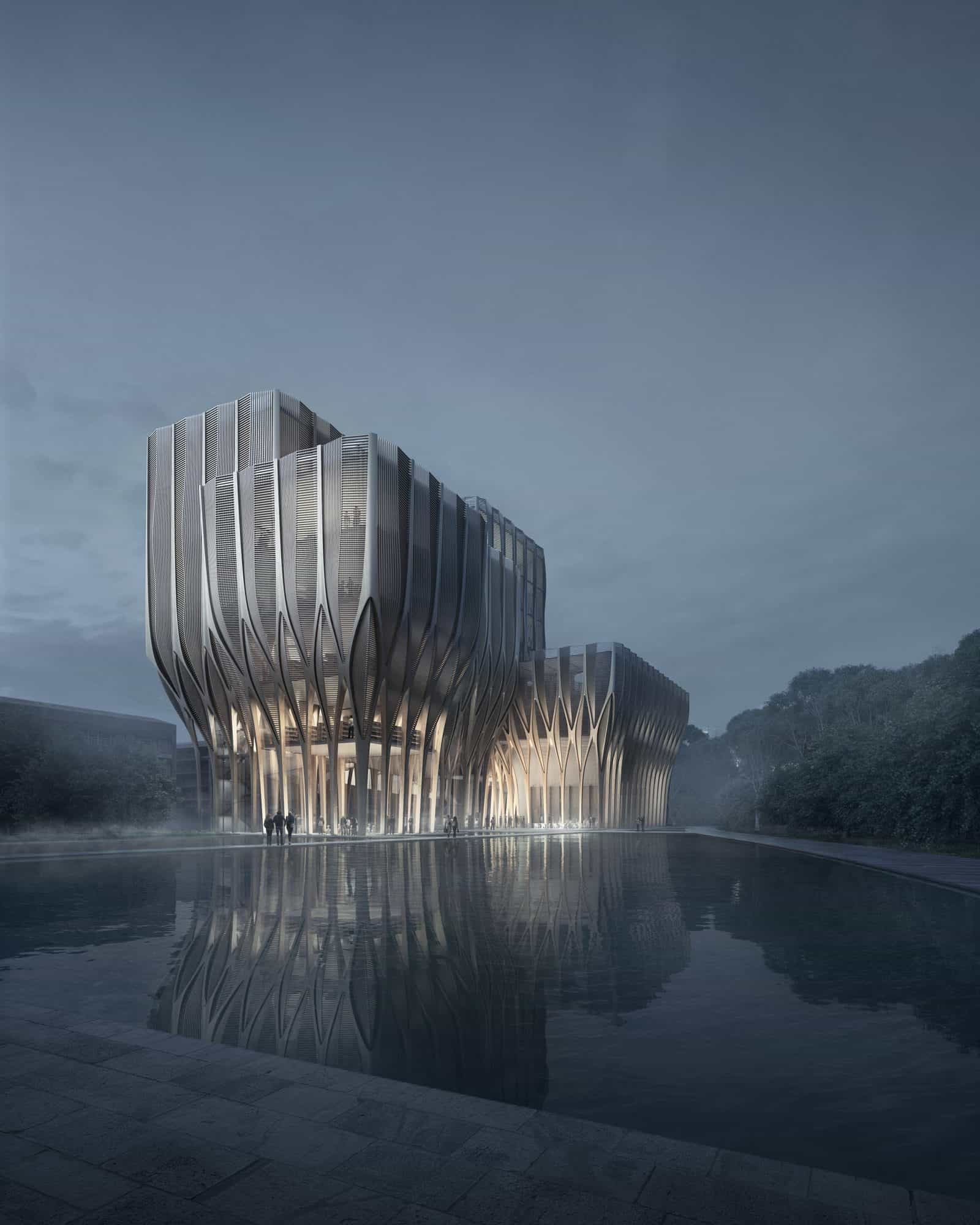 Atmospheric render of the Sleuk Rith Institute design in Phnom Penh by Zaha Hadid Architects, timber-clad towers reflected in still dark water under a misty blue sky