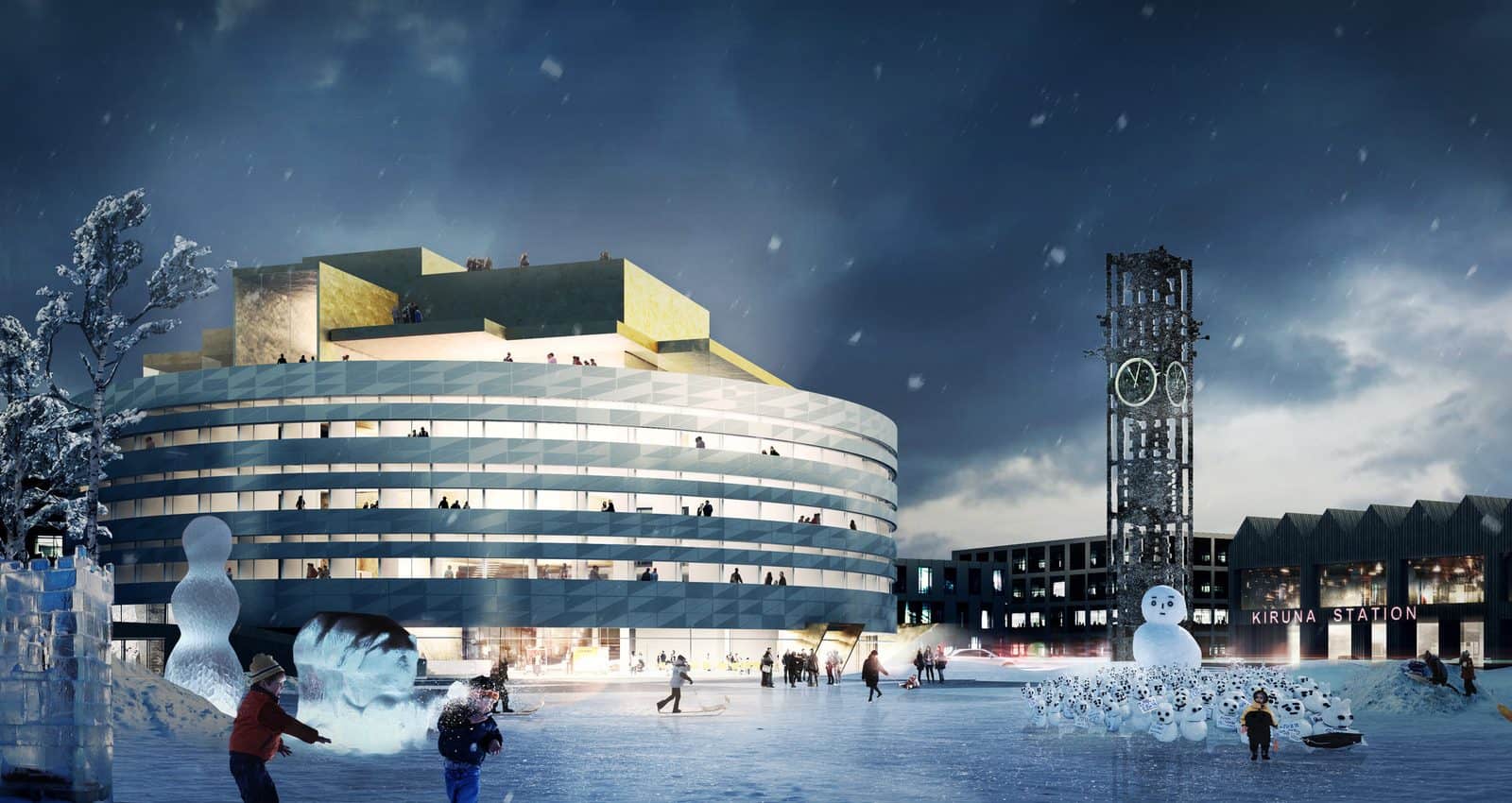 Night render of Kiruna City Hall by Henning Larsen Architects, a round glowing building with a clock tower in a snowy square, ice sculptures and people in winter clothes