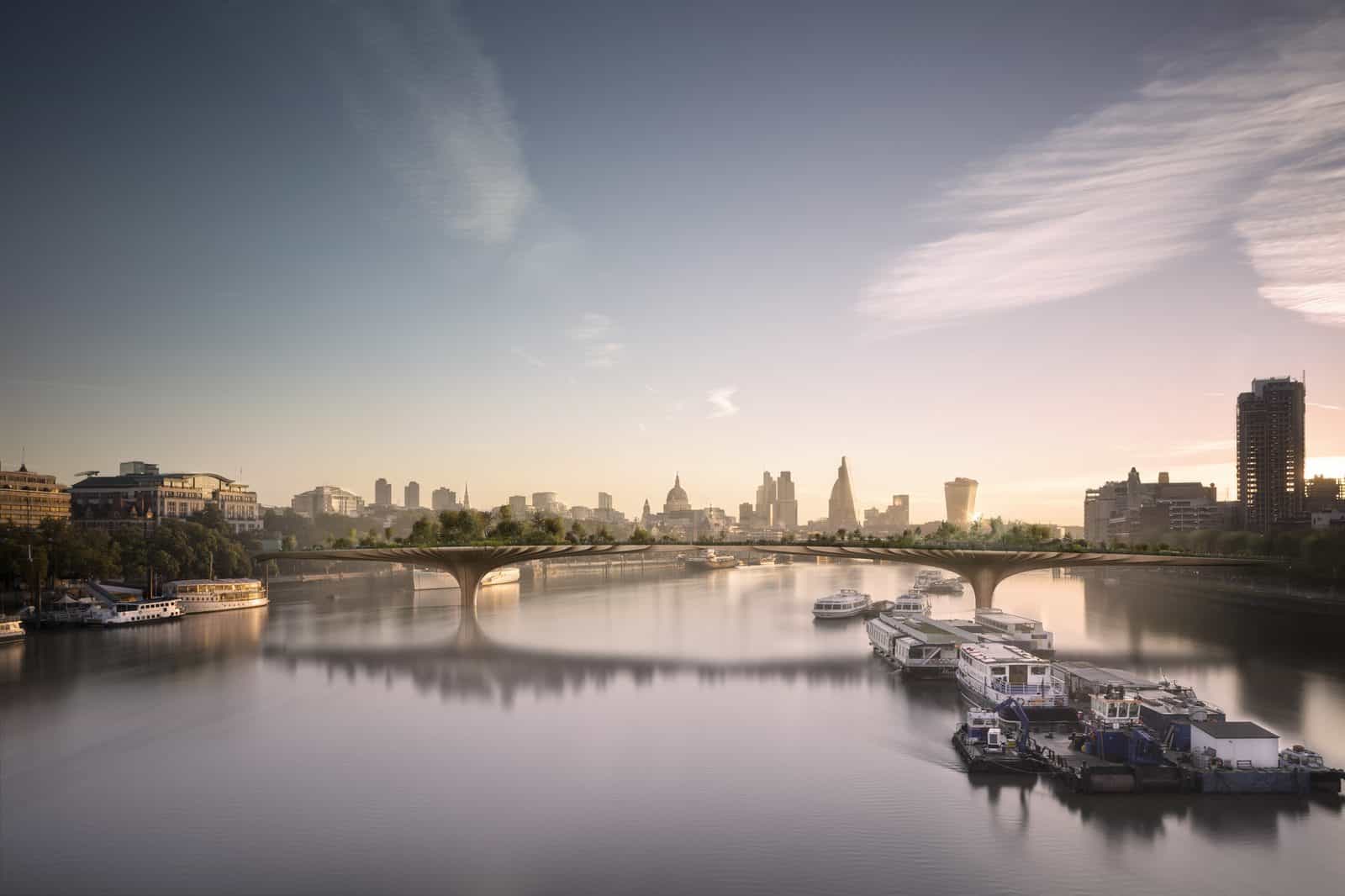 Photomontage of the proposed Garden Bridge in London by Heatherwick Studio and Arup, a planted bridge crossing the Thames at sunset with the city skyline and moored boats