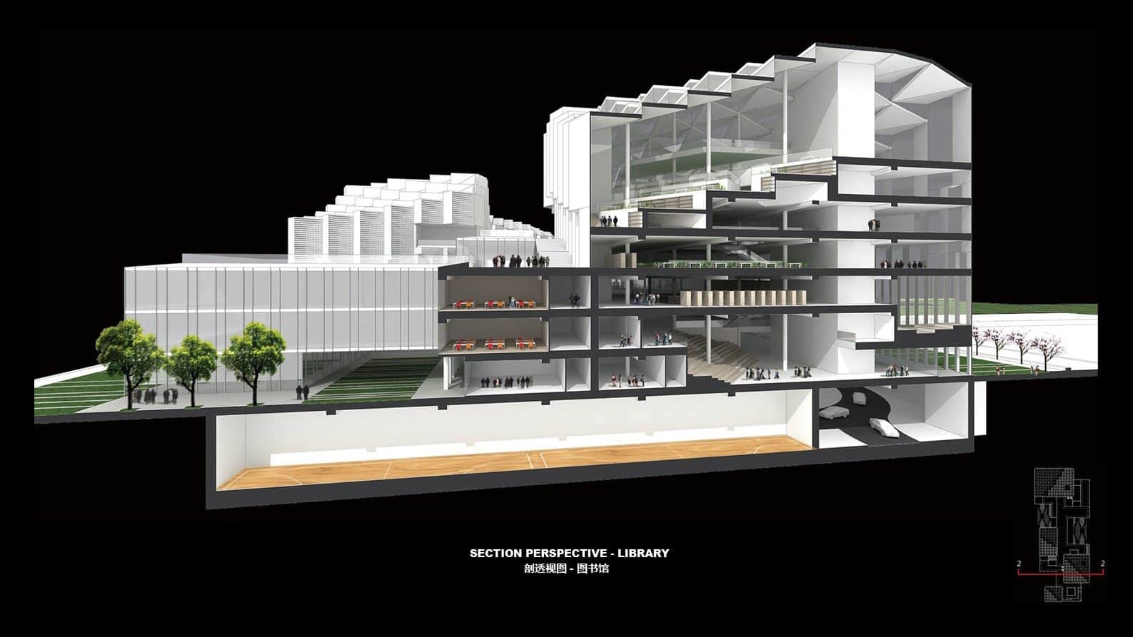 Section perspective render of the library in the Nanhai Cultural Center by Pei Partnership Architects, a cut through the building showing book stacks, floors and a basement set against a black background