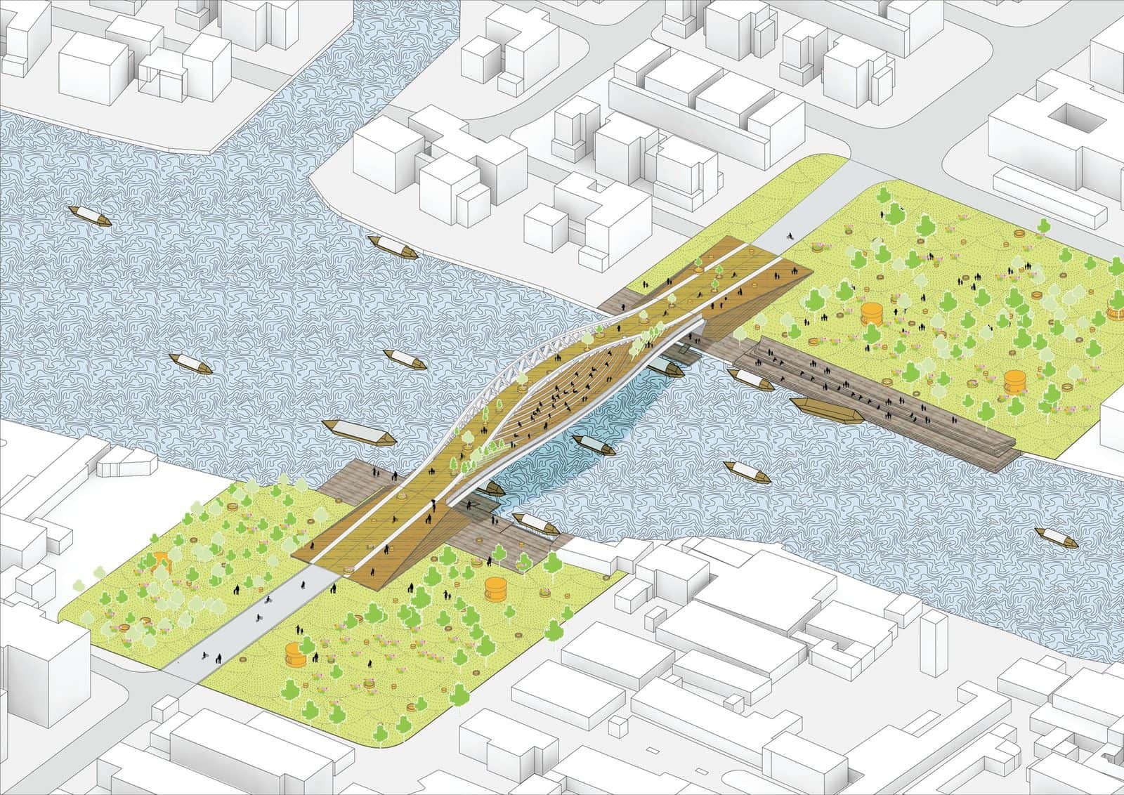 Axonometric render of the Dawn Bridge design in Zhujiajiao, Shanghai by MVRDV, an 80 metre timber bridge with planted ramps over a river, with white surrounding buildings and green parks