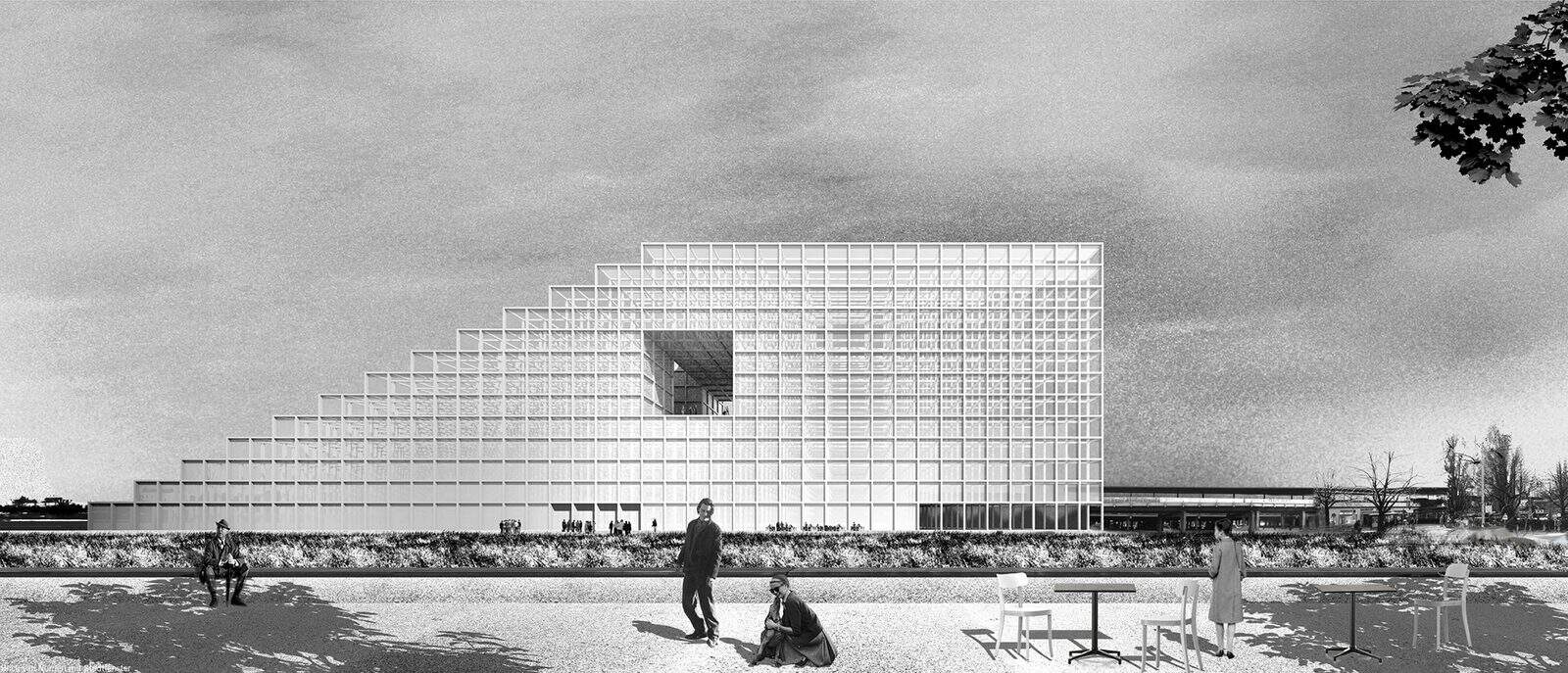Black and white render of the New Central Library of Berlin winning proposal by FAR frohn&rojas, a long stepped building with a gridded facade on a flat open site with small figures