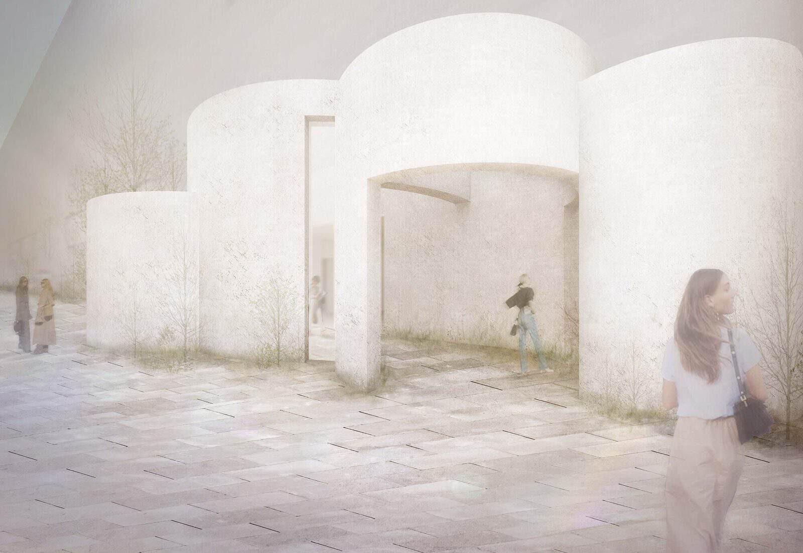 Soft hazy illustration of the Simple Design Archive Gallery in Hefei by HAS design and research, white curved volumes in a pale misty courtyard with blurred figures