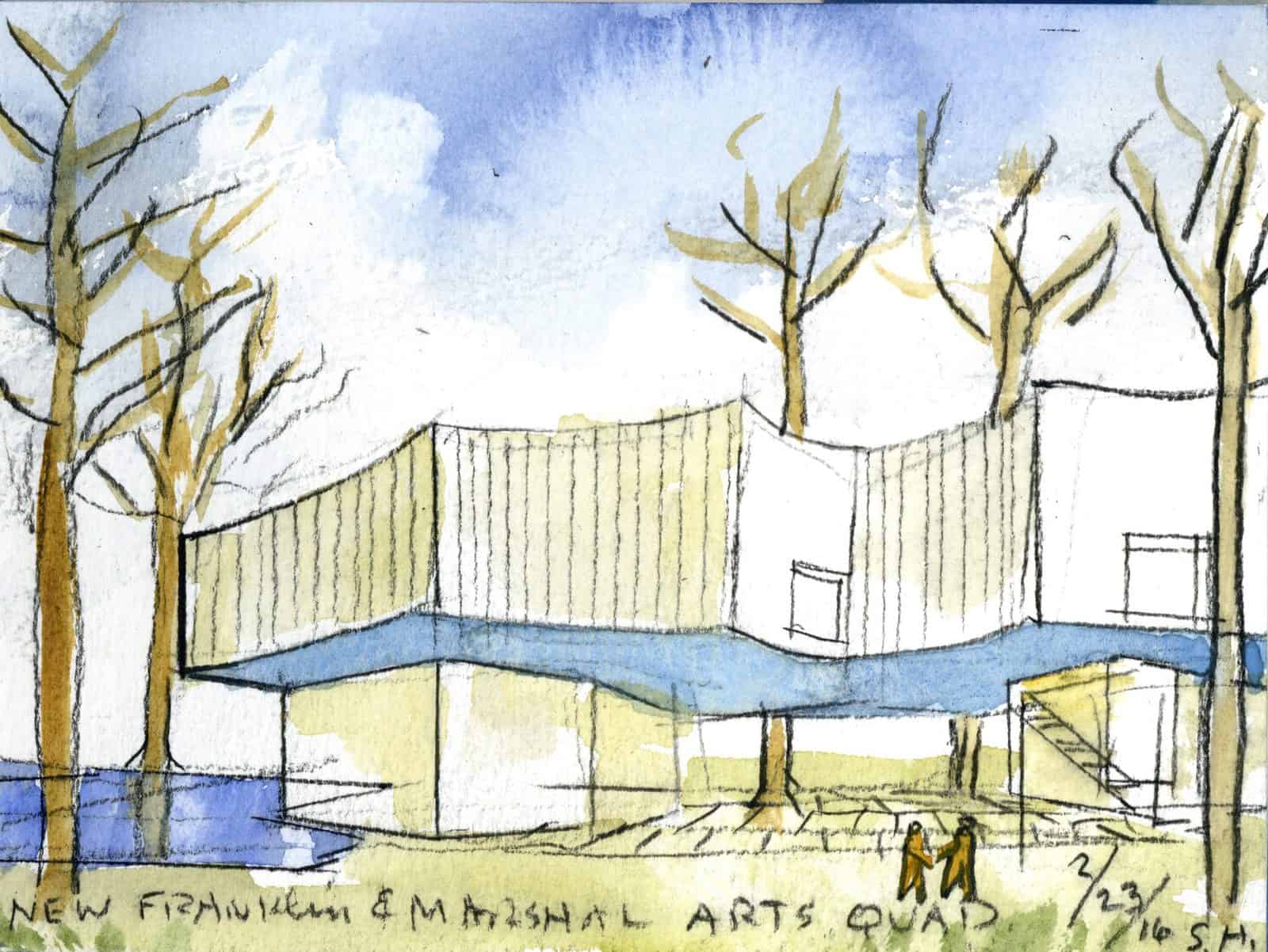 Watercolour sketch of the Winter Visual Arts Building at Franklin and Marshall College by Steven Holl Architects, a low white building with a blue band, trees and a signed handwritten note