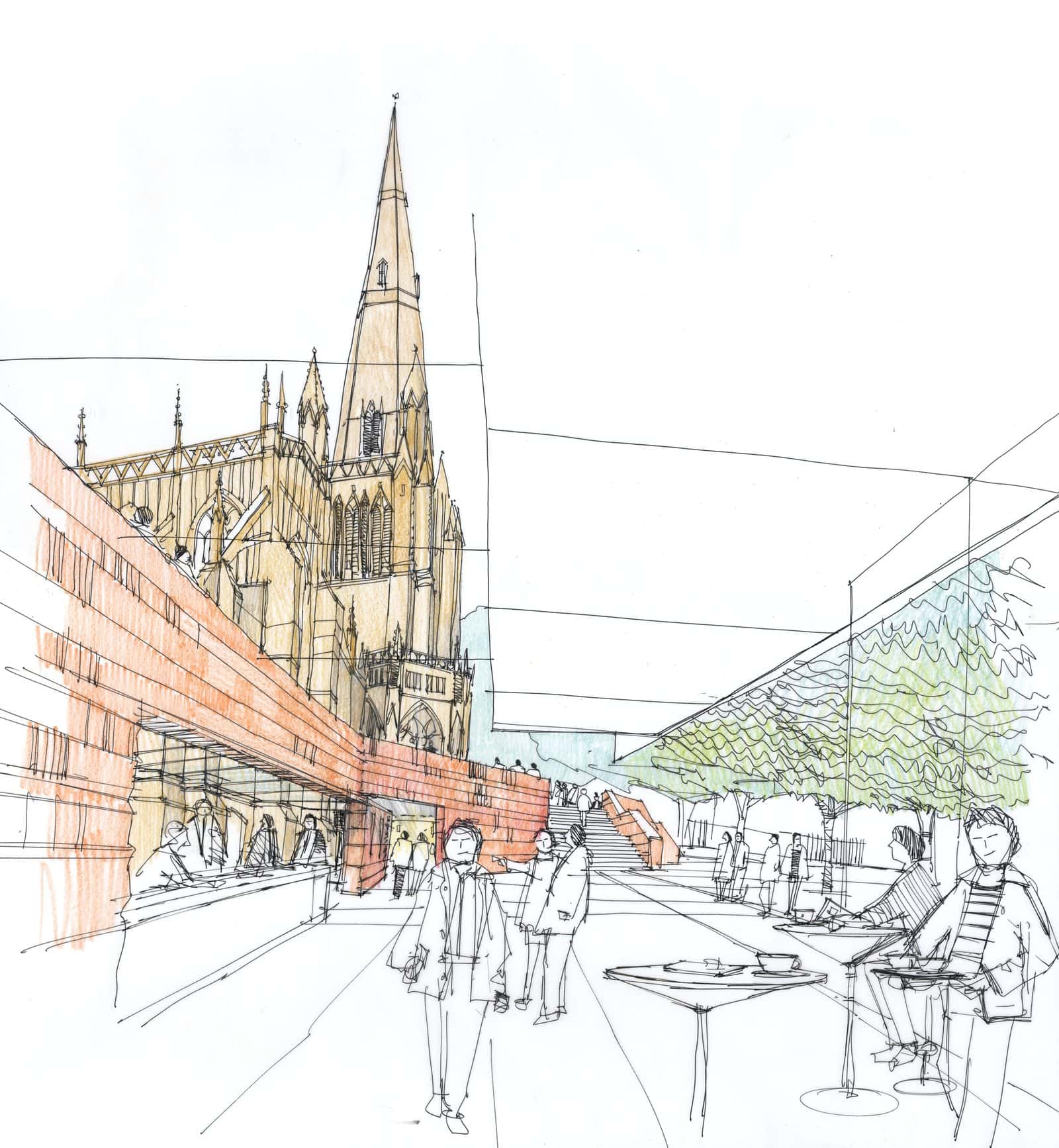 Hand-drawn perspective sketch for St Mary Redcliffe in Bristol by Purcell, a fine line drawing of a street with cafe tables, trees and people beside the church spire, with light red brick tones