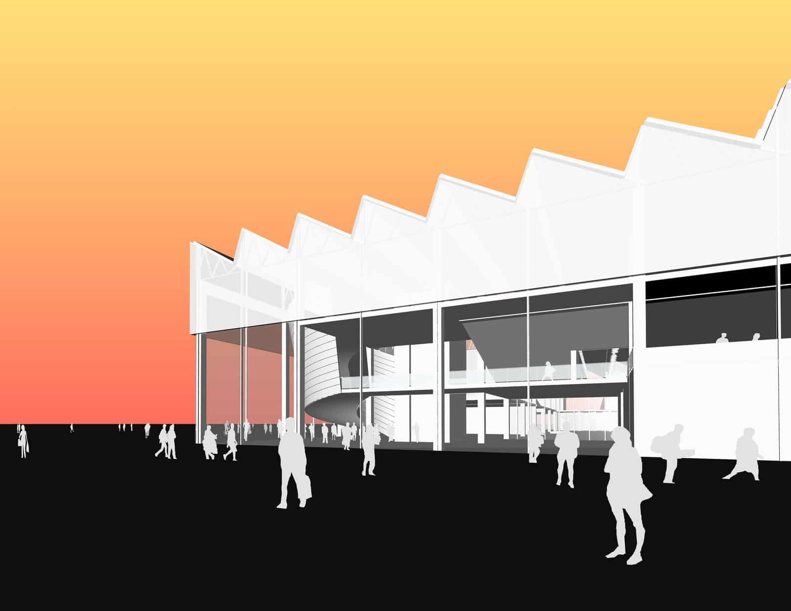 Flat graphic perspective of a basketball training facility in West Los Angeles by AECOM, a white sawtooth-roofed building with black cutout figures against an orange and yellow gradient sky