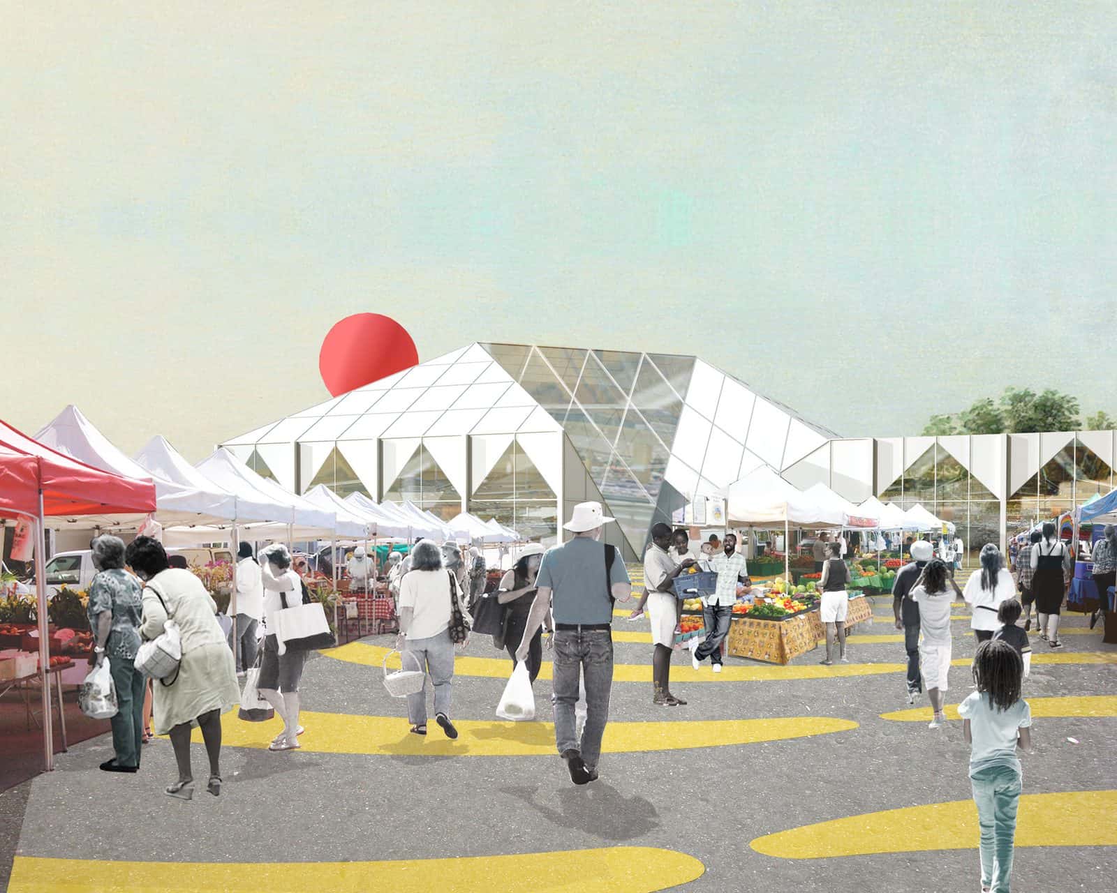 Collage render of the Food Port in West Louisville by OMA, a market with tents, shoppers, produce stalls and a large red sun over a translucent roof, in muted colours