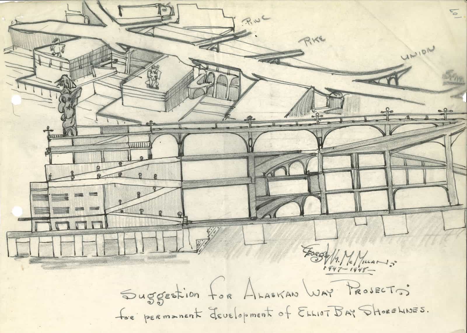 A pencil sketch of a proposed double-deck waterfront viaduct in Seattle, drawn as a cutaway perspective with handwritten labels and the title Suggestion for Alaskan Way Project