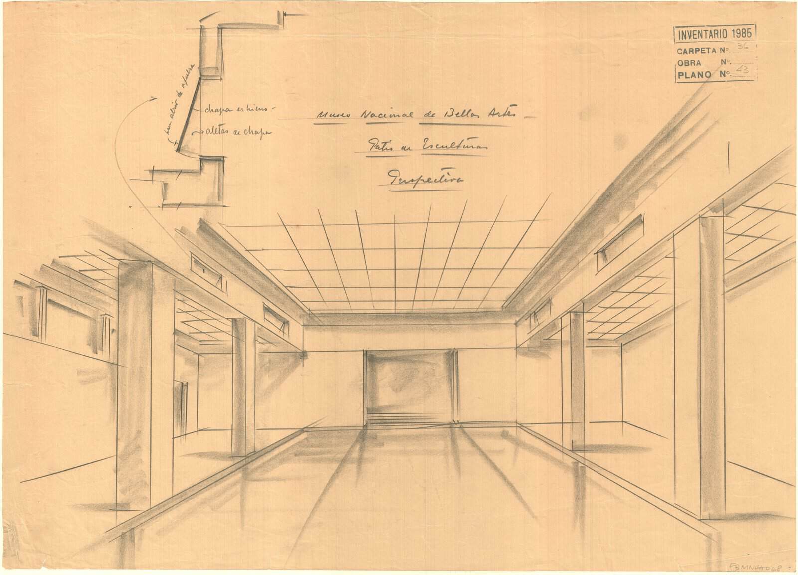 A pencil sketch on toned paper of a long gallery interior in one-point perspective, with a coffered skylight ceiling and lines converging on a single vanishing point