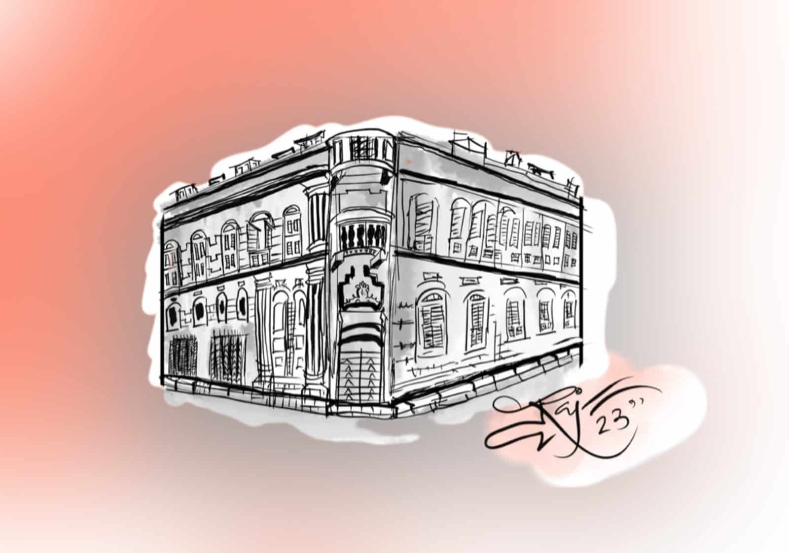 A digital ink sketch of a corner building in Kolkata with arched windows and painted walls, set against a soft orange background