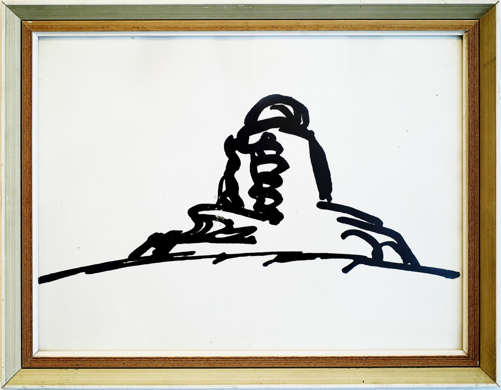 A framed black ink sketch by Erich Mendelsohn showing the Einstein Tower as a few bold, curving strokes rising from a sweeping base line