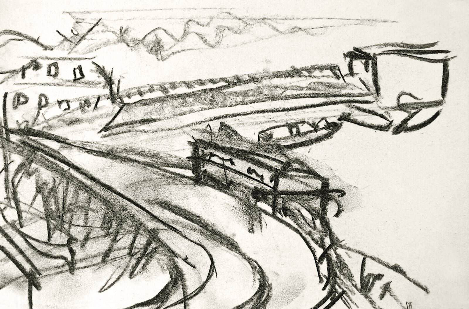 A loose black charcoal sketch of a bridge and harbour buildings in Amsterdam's Eastern Docklands, drawn with fast, heavy strokes