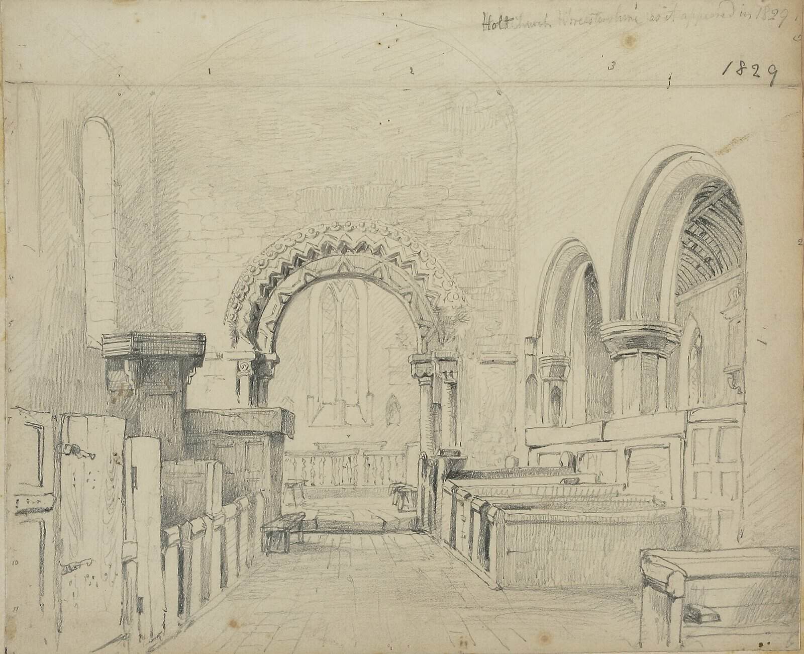 A soft pencil drawing from a sketchbook showing the nave of a Norman church, with round arches, a decorated doorway and timber pews