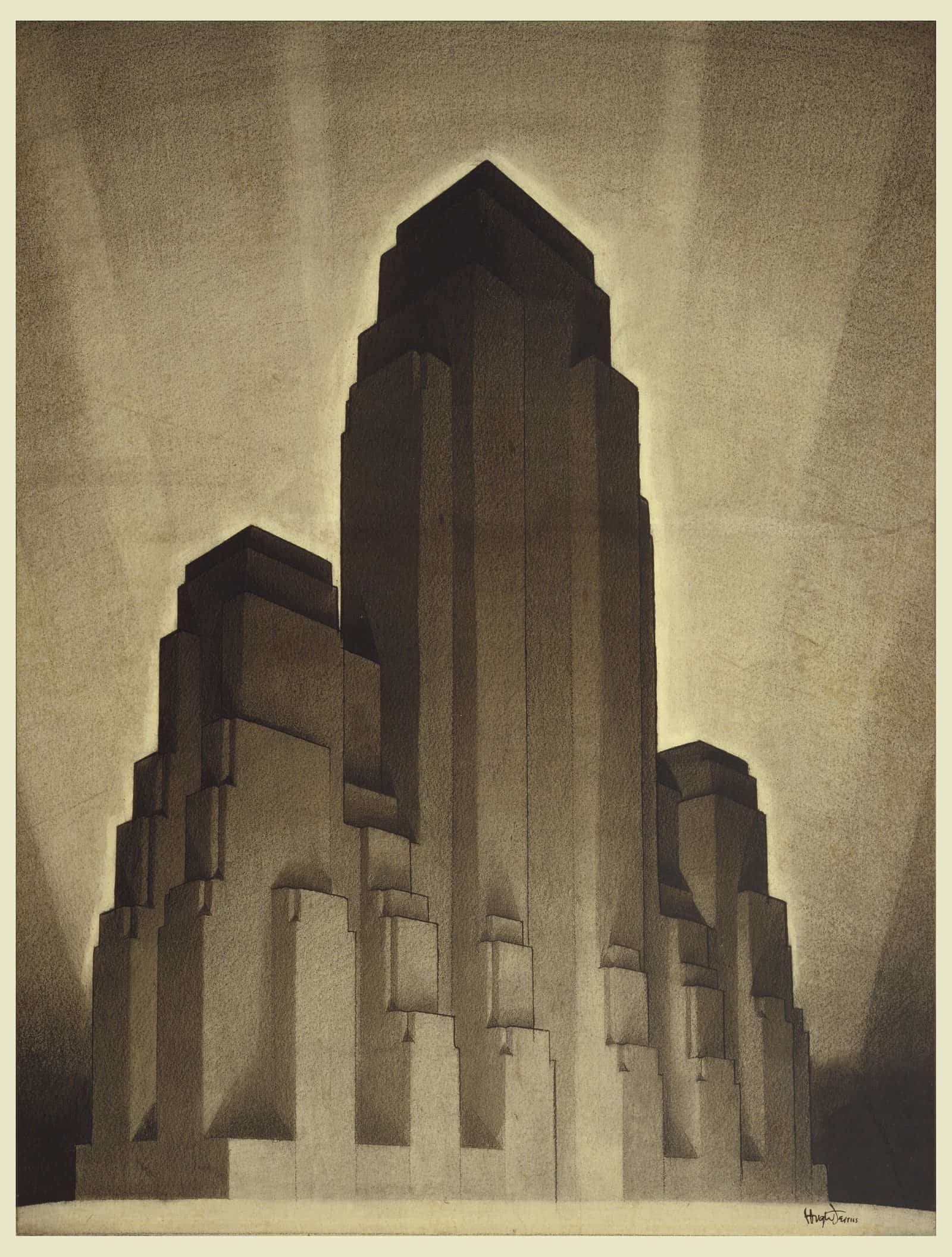 A dark charcoal drawing by Hugh Ferriss of a massive stepped skyscraper form, lit from below with rays of light fanning out behind it