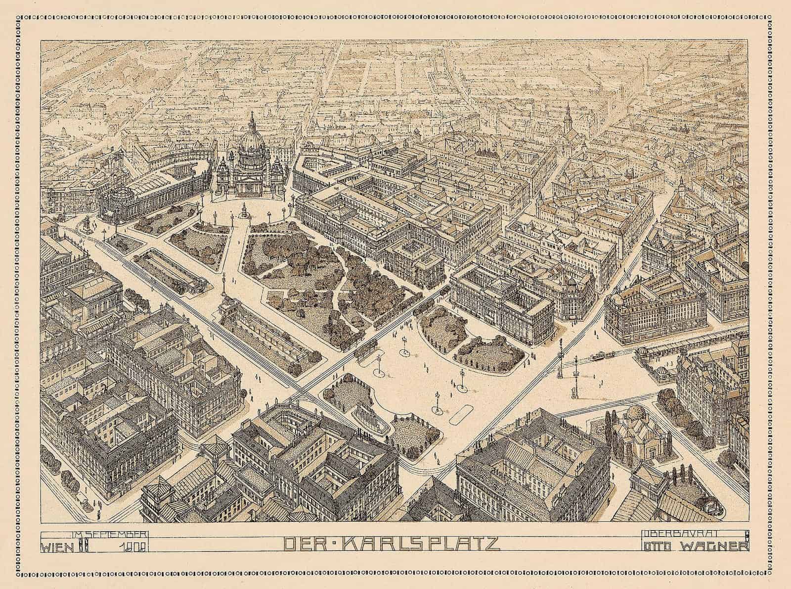 A detailed ink and wash bird's-eye view by Otto Wagner of Karlsplatz in Vienna, showing streets, gardens, a large domed church and blocks of buildings