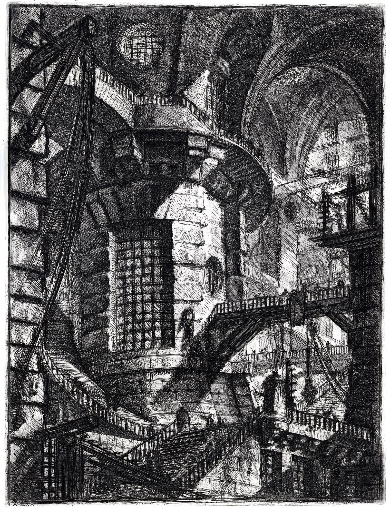 A dark, densely hatched etching by Piranesi of a vast imaginary prison with a huge round tower, staircases, bridges and tiny figures