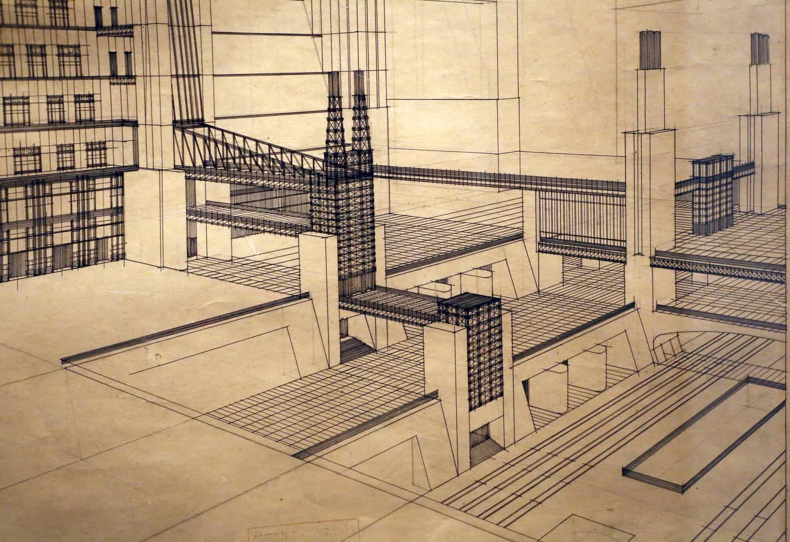 An ink perspective by Antonio Sant'Elia of a futuristic city with tall stepped towers, external lift shafts and bridges crossing at several levels