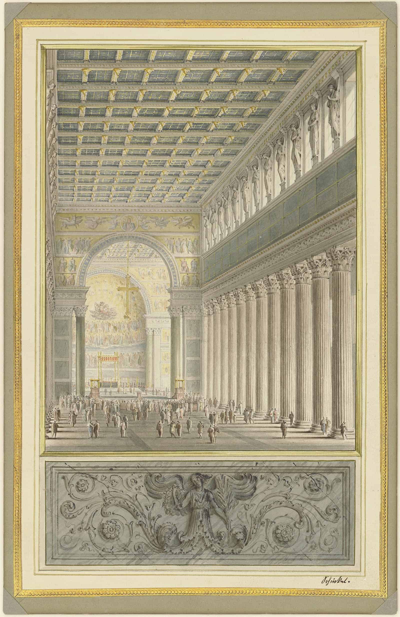 A tall, finely drawn interior perspective by Karl Friedrich Schinkel of a cathedral nave with a coffered ceiling and colonnades, and small figures walking on the floor