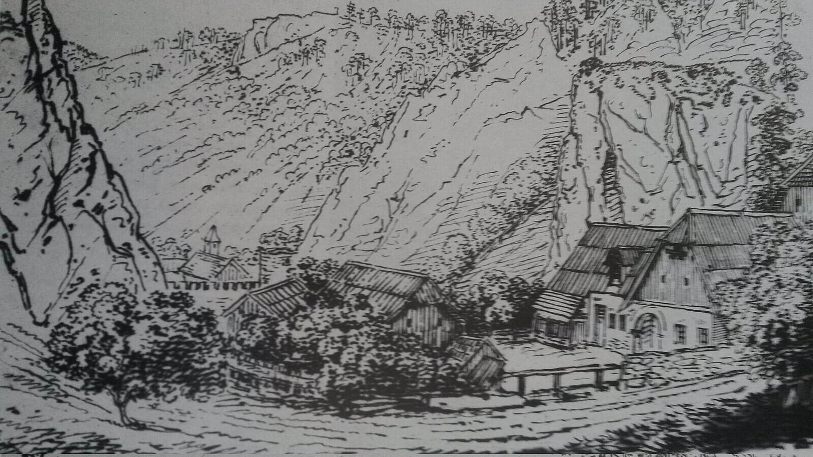 A detailed brown ink pen drawing by Karl Friedrich Schinkel of houses and trees in a steep mountain valley, with fine hatching for rocks and foliage