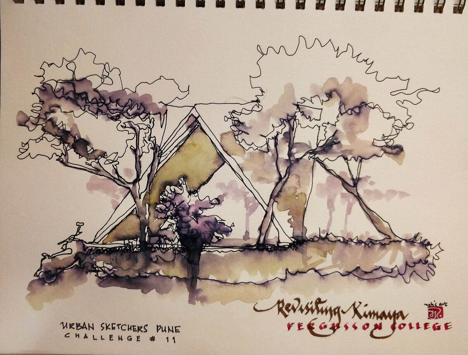 A loose ink and brown wash sketch of trees and a tent-like structure at Fergusson College, Pune, with hand-lettered title text